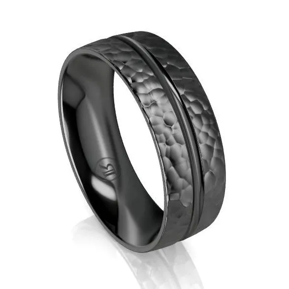 Black Zirconium Hammered Grooved Wedding Ring - Comfort Fit (IN1379)