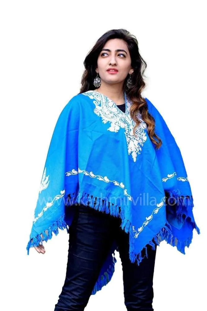 Blue Color Kashmiri Aari Work Embroidered Poncho Enriched With Neckline Pattern