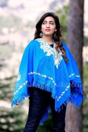 Blue Color Kashmiri Aari Work Embroidered Poncho Enriched With Neckline Pattern