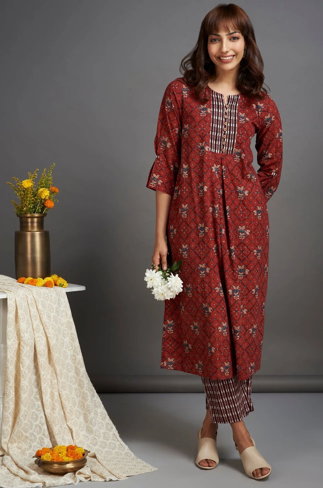 box pleat a-line kurta - mystique maroon & magic spell