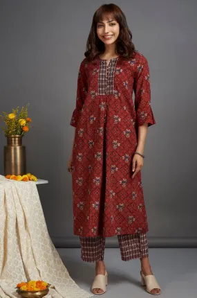 box pleat a-line kurta - mystique maroon & magic spell