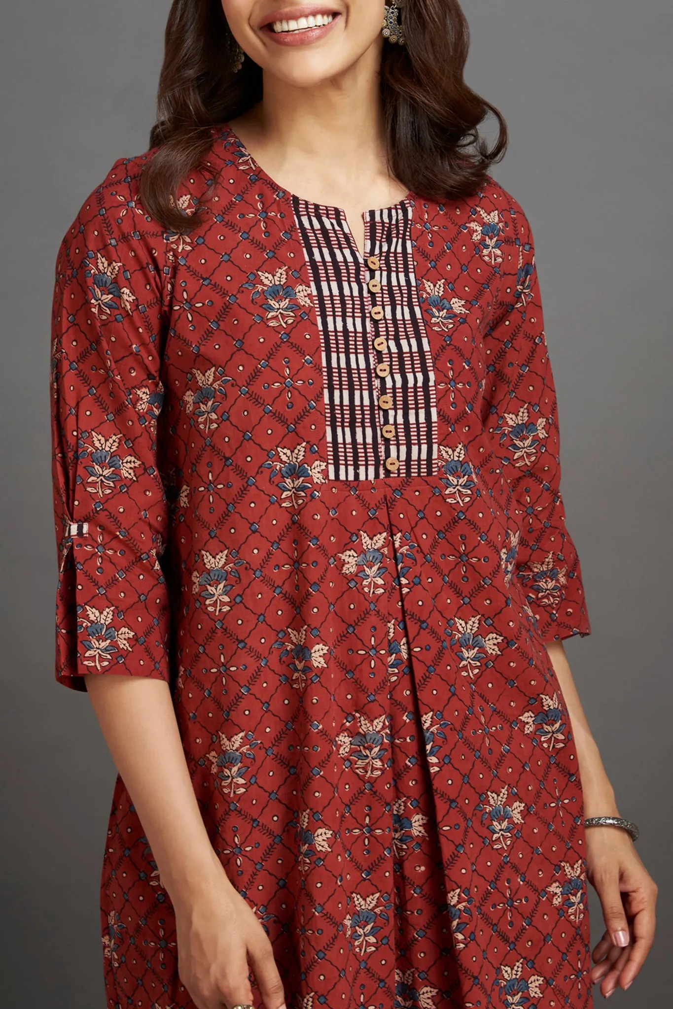 box pleat a-line kurta - mystique maroon & magic spell