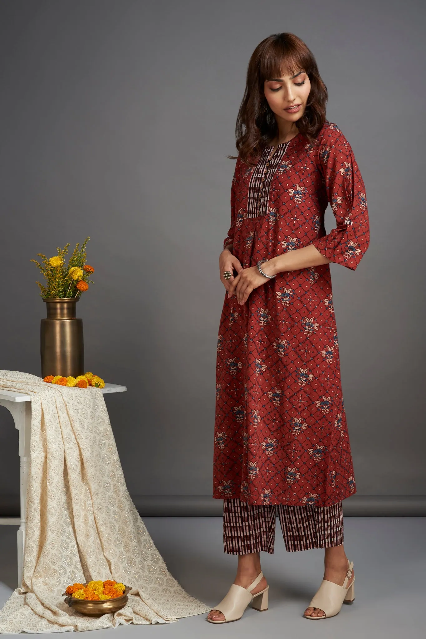 box pleat a-line kurta - mystique maroon & magic spell