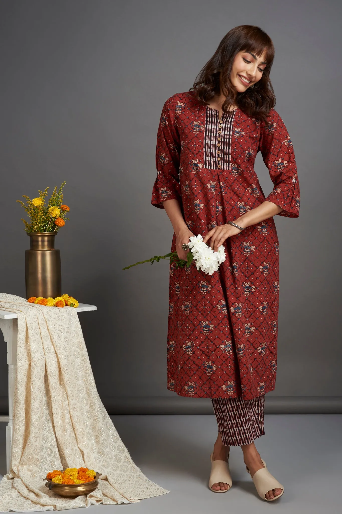 box pleat a-line kurta - mystique maroon & magic spell