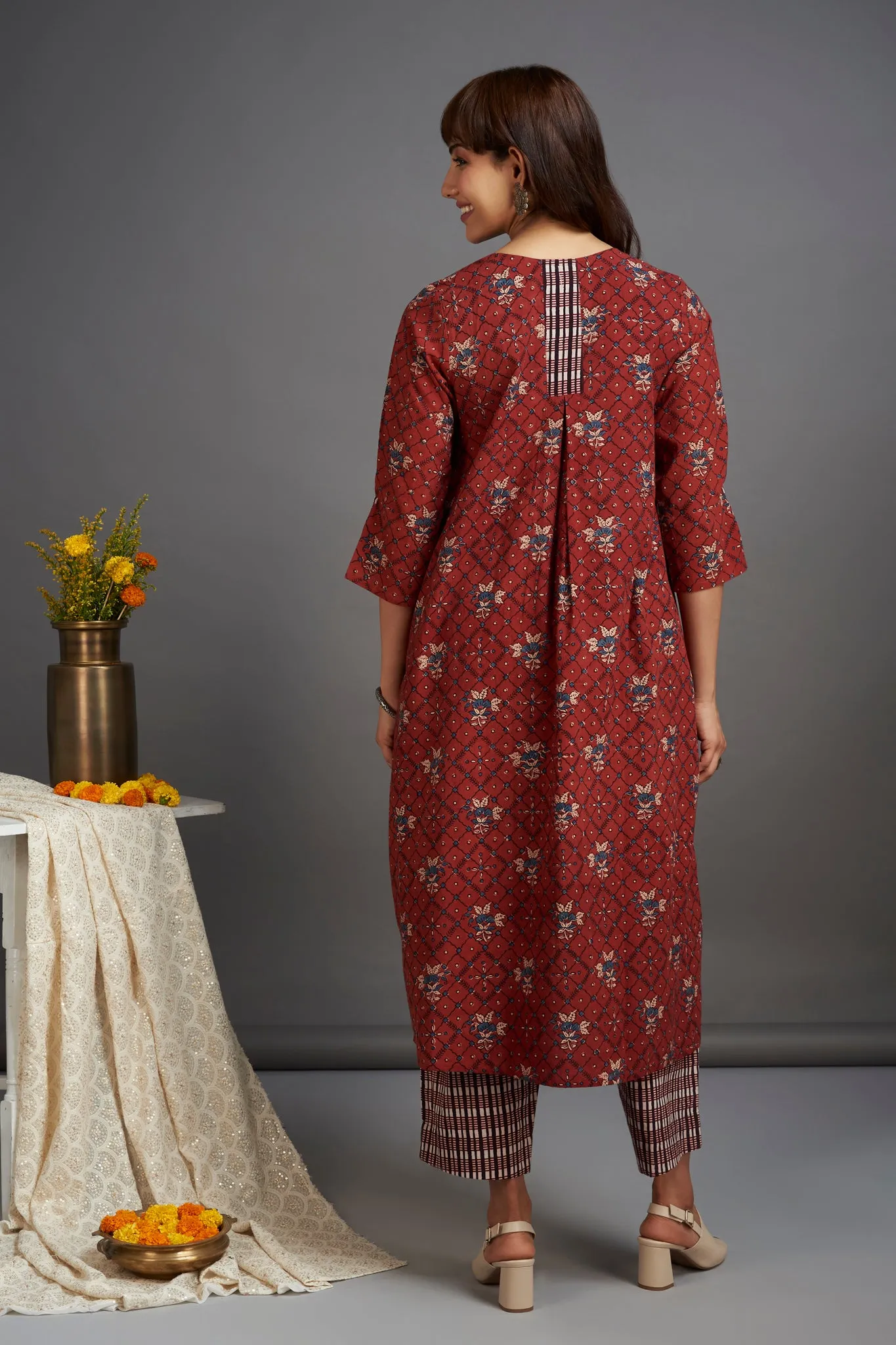 box pleat a-line kurta - mystique maroon & magic spell