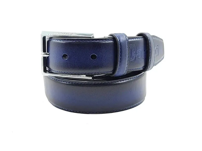 Carrucci Blue Men's Belt Genuine Leather silver Buckle