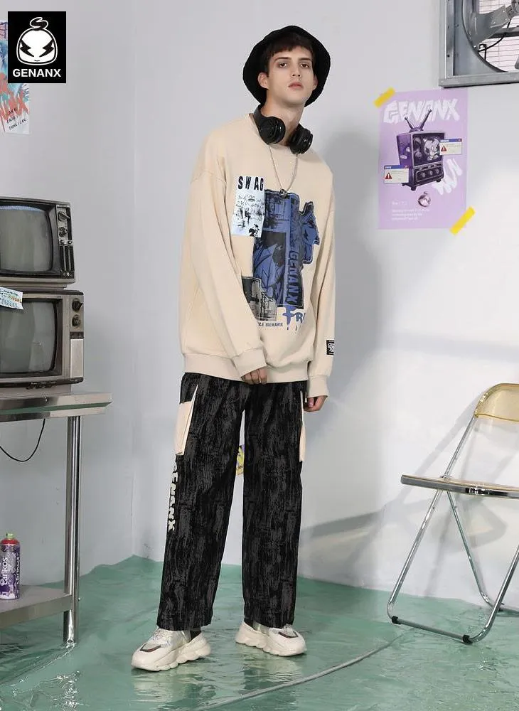 Color Block Jacquard Pocket Label Loose Wide Legs Pants