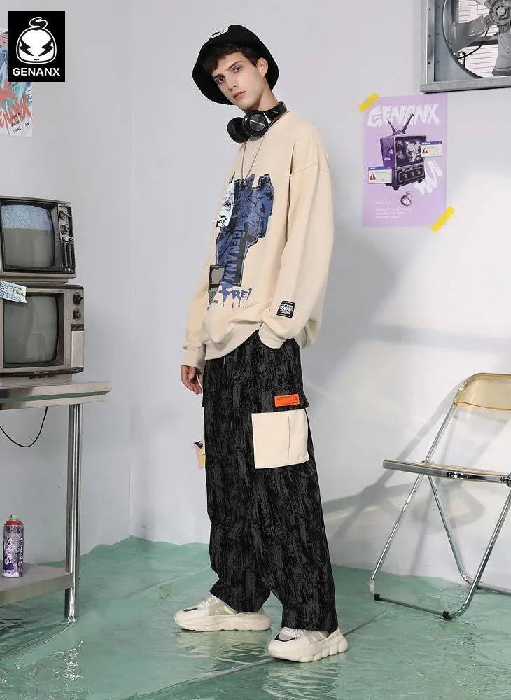 Color Block Jacquard Pocket Label Loose Wide Legs Pants