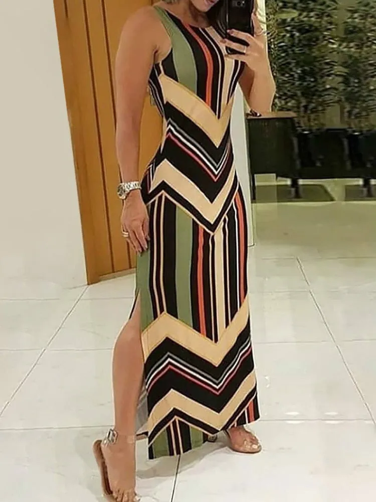 Colorful Striped Print Side Slit Maxi Dress for Women | Sleeveless Slim