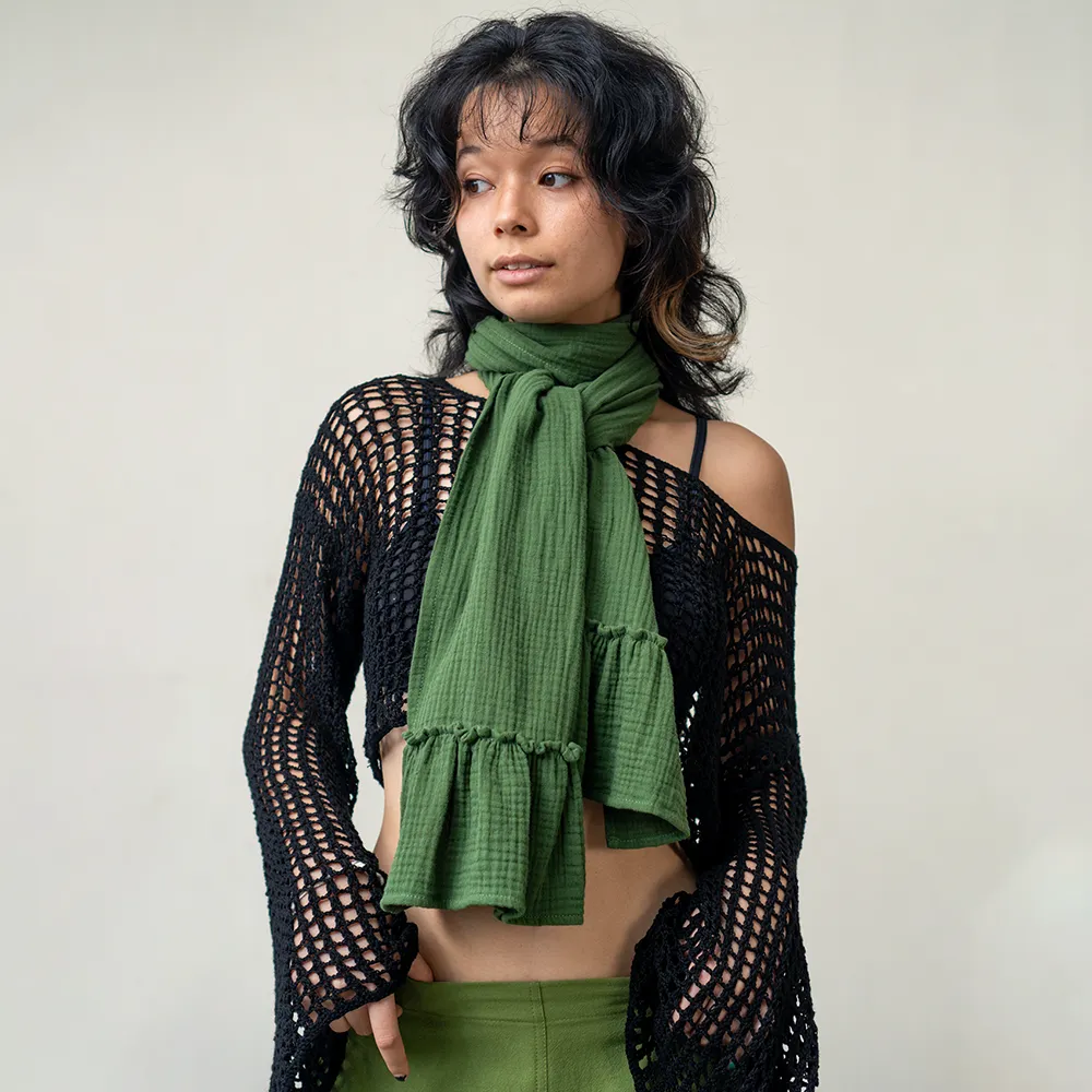 Cotton Crinkle Ruffle Scarf Green