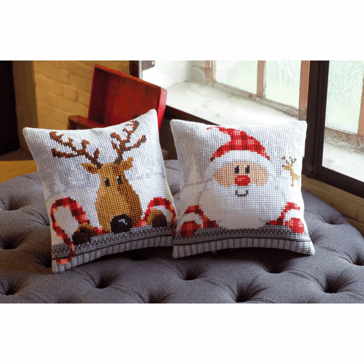 Cross Stitch Cushion Kit - Reindeer with a Red Scarf