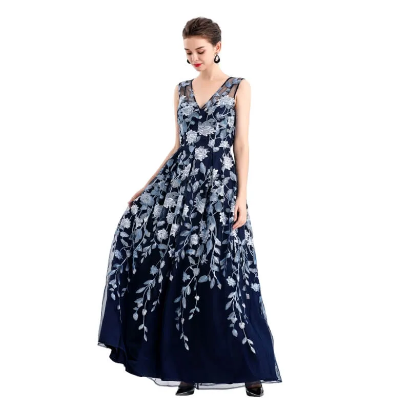 D055 Women all-over floral embroidered V neck sleeveless full circle flared maxi evening dress