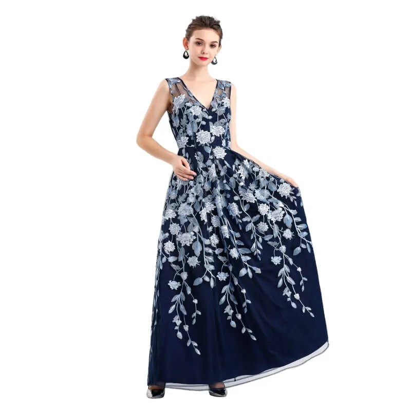 D055 Women all-over floral embroidered V neck sleeveless full circle flared maxi evening dress