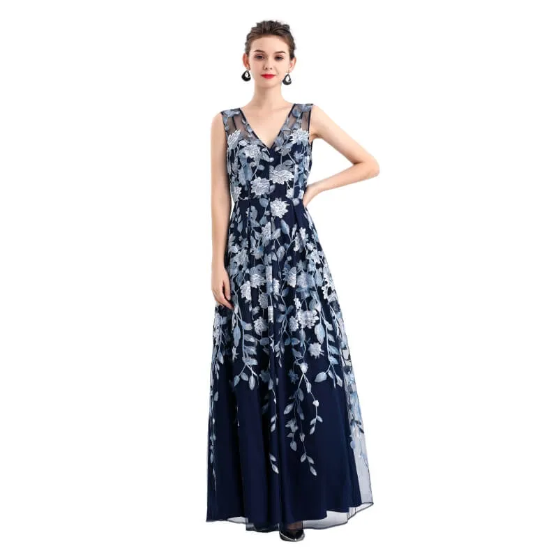 D055 Women all-over floral embroidered V neck sleeveless full circle flared maxi evening dress