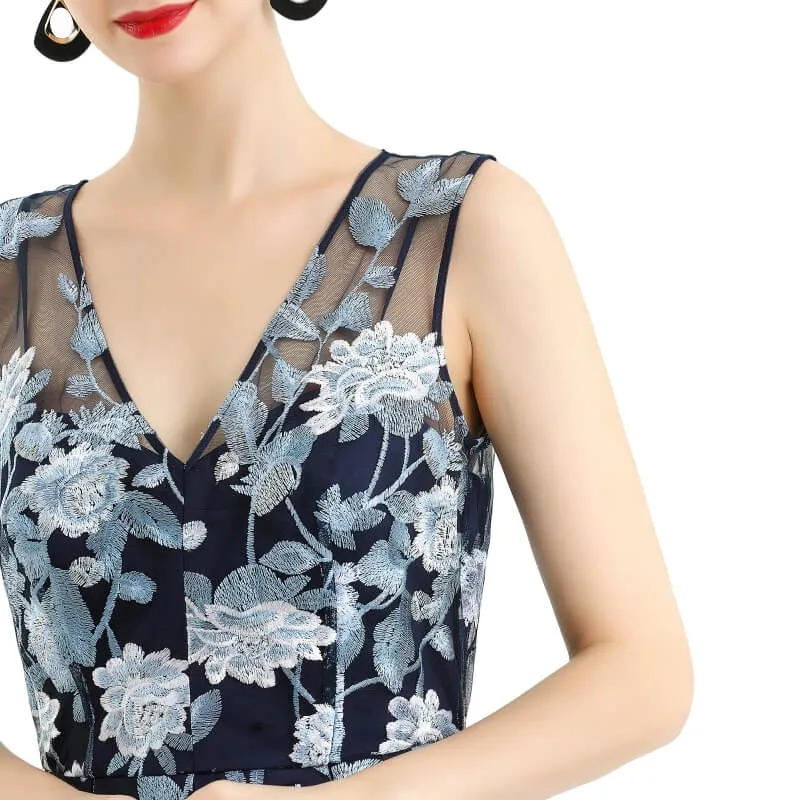 D055 Women all-over floral embroidered V neck sleeveless full circle flared maxi evening dress