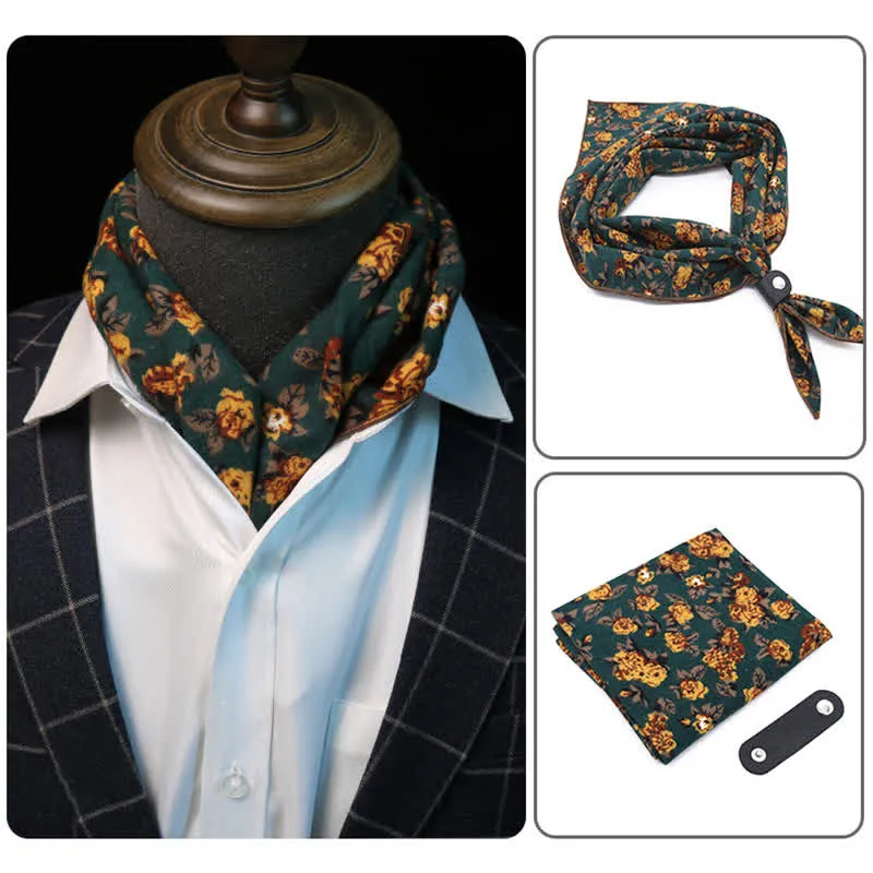 Dark Green & Yellow Floral Square Scarf with Scarf Buckle