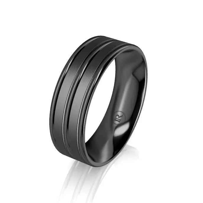 Dual Concave Black Zirconium Grooved Wedding Ring - Comfort Fit (IN1448)