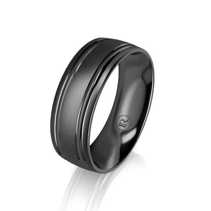 Dual Grooved Black Zirconium Wedding Ring - Comfort Fit (IN1344)