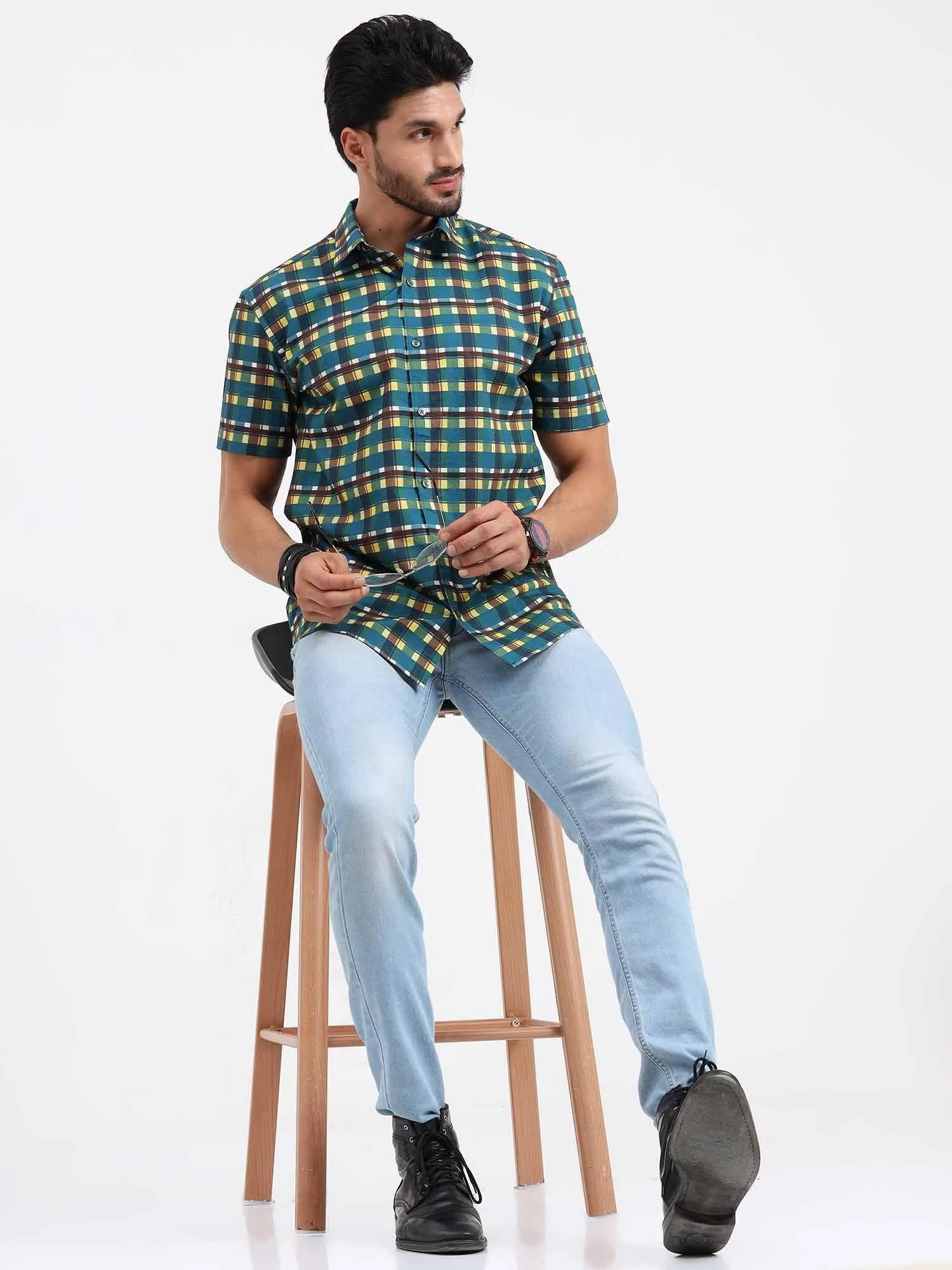 Emerald Yellow Check Cotton Half Sleeve Shirt