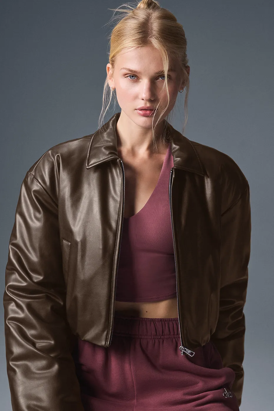 Faux Leather Cropped Premier Bomber - Espresso