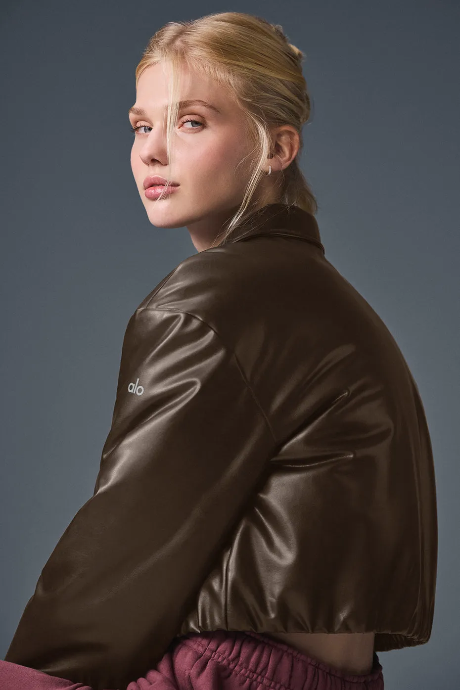 Faux Leather Cropped Premier Bomber - Espresso