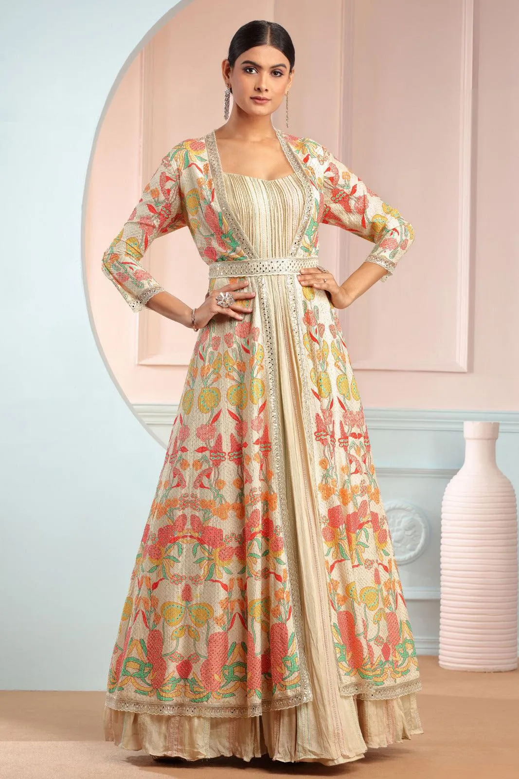 Fawn Multicolor Digital Print Long Overcoat Styled Floor Length Anarkali Suit