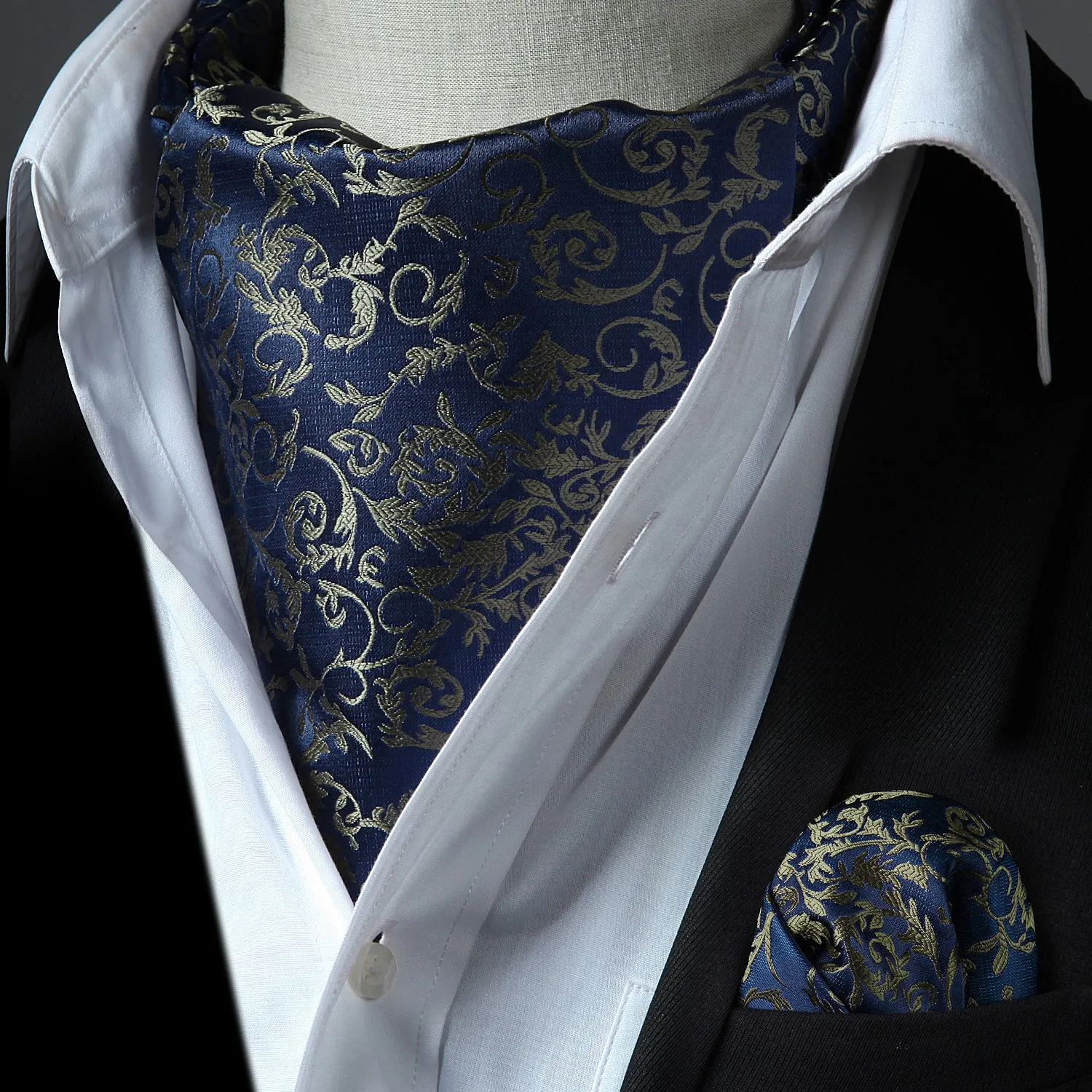 Floral Paisley Ascot Cravat Scarf - A-01 NAVY BLUE