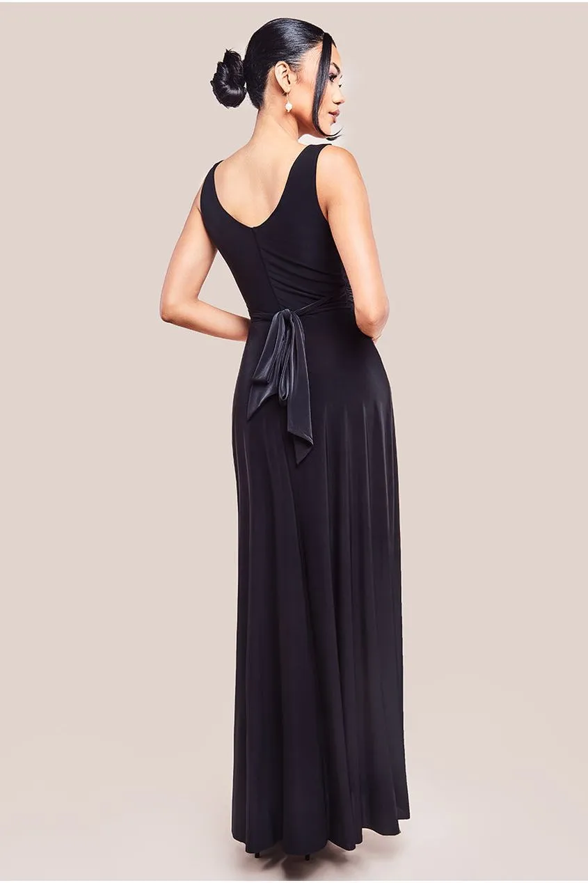 Goddiva Diamante & Scalloped Lace Neck Maxi Dress - Black