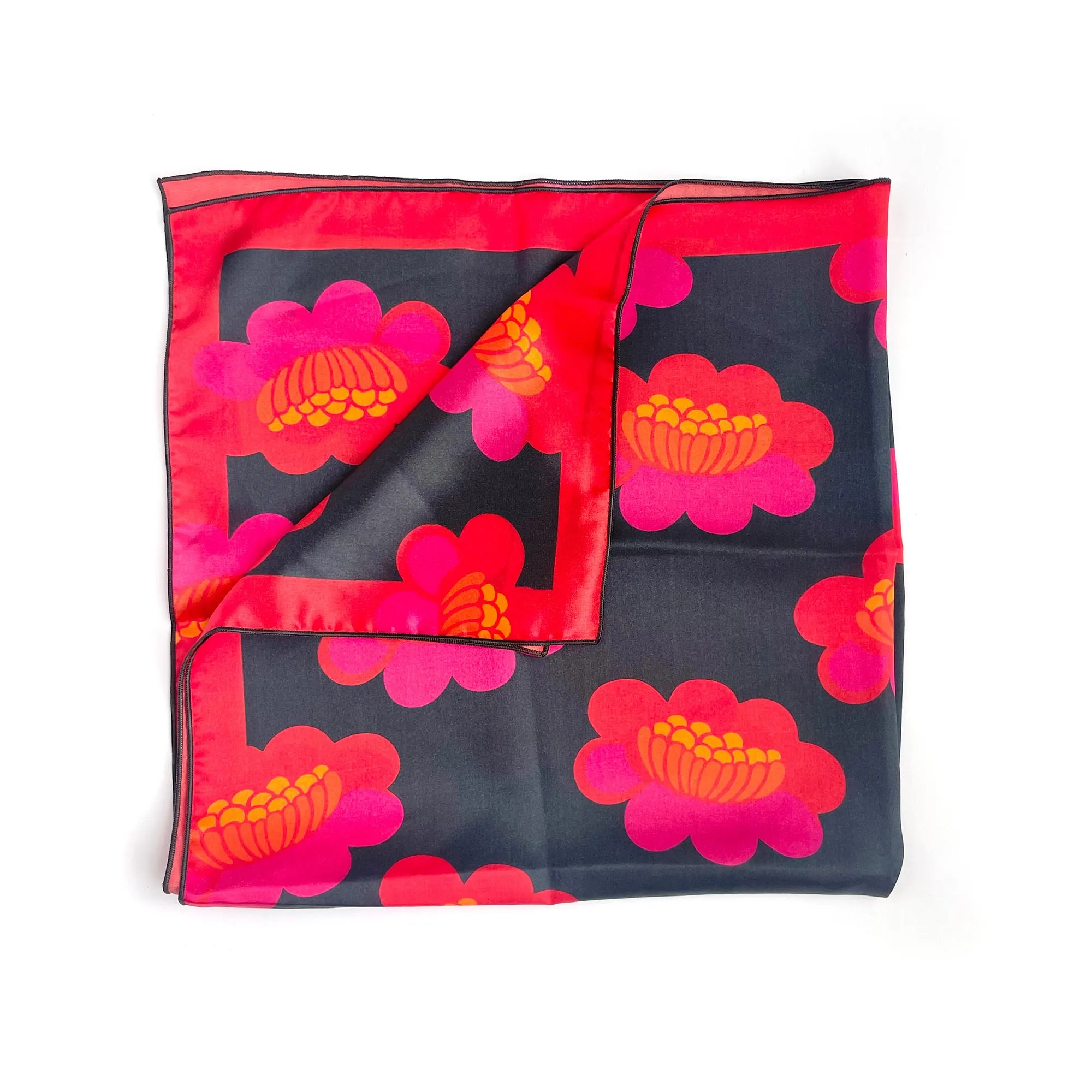 Hana - Japanese-inspired floral silk scarf in red, pink and navy blue