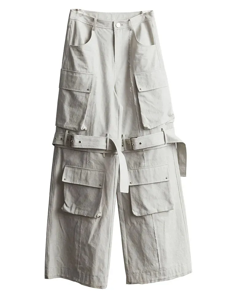 High Waist Beige Pocket Two Ways Wear Buckle Long Cargo Pants