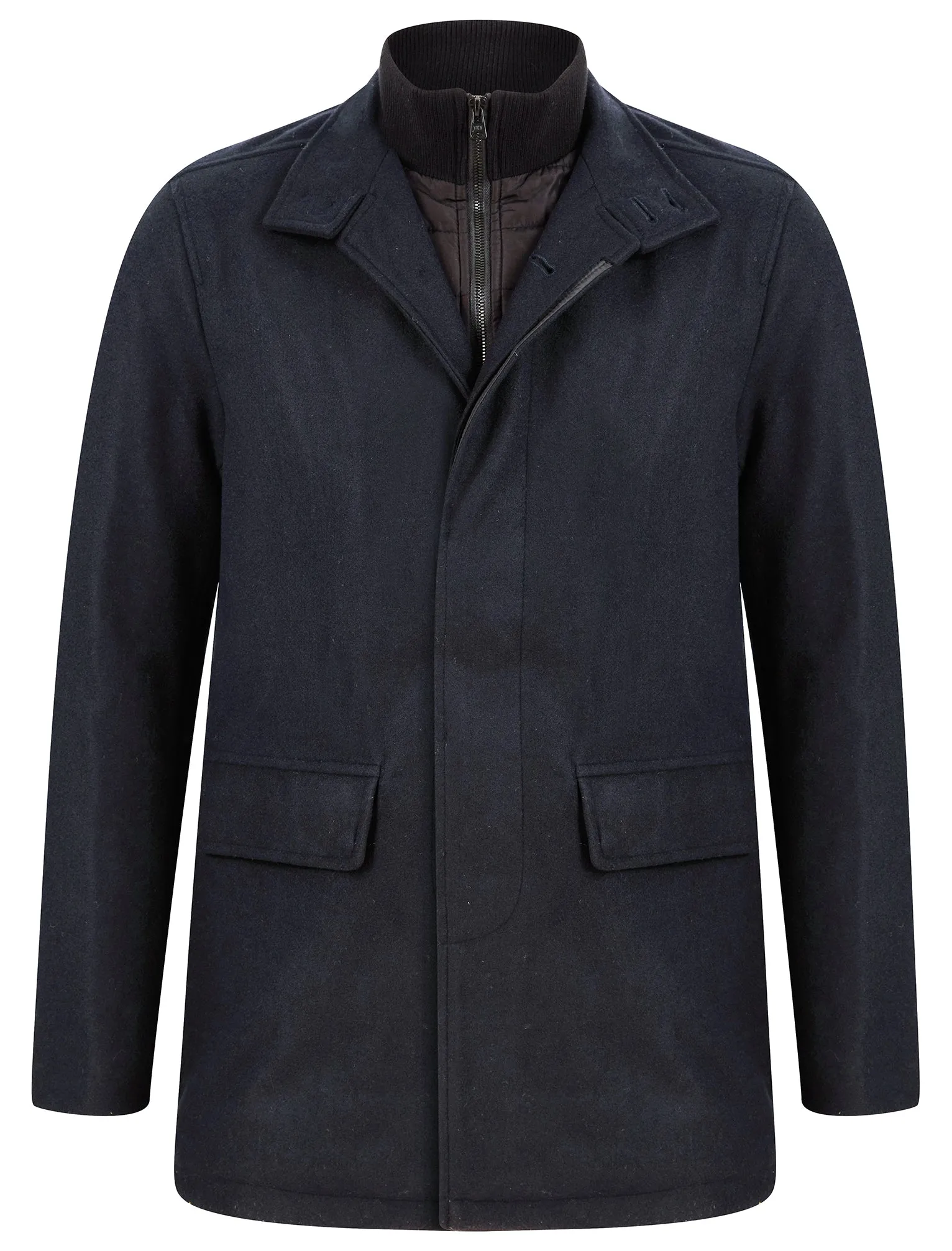 Indus Wool Look Funnel Neck Collar Tailored Coat with Quilted Mock Insert in Navy - Tokyo Laundry