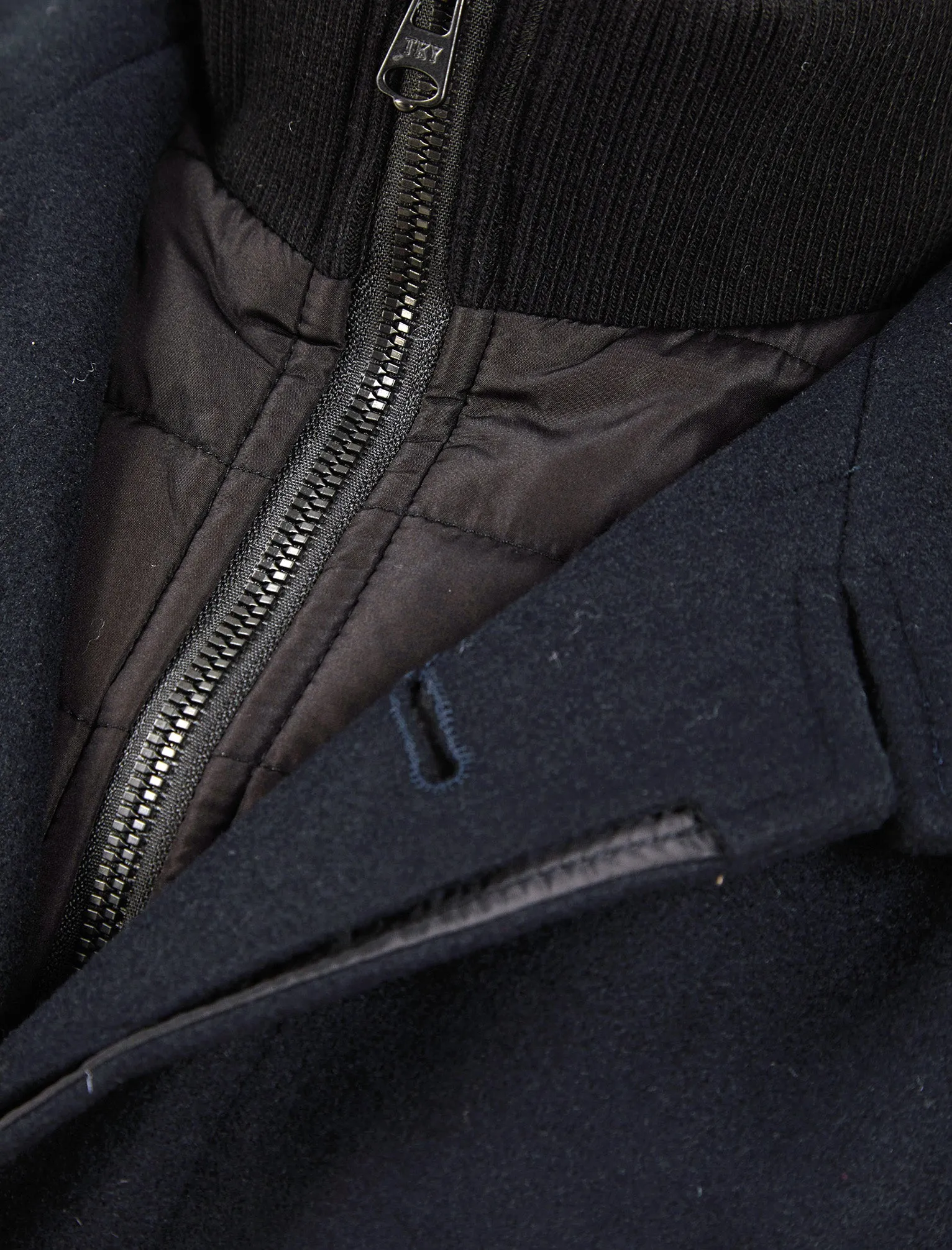 Indus Wool Look Funnel Neck Collar Tailored Coat with Quilted Mock Insert in Navy - Tokyo Laundry