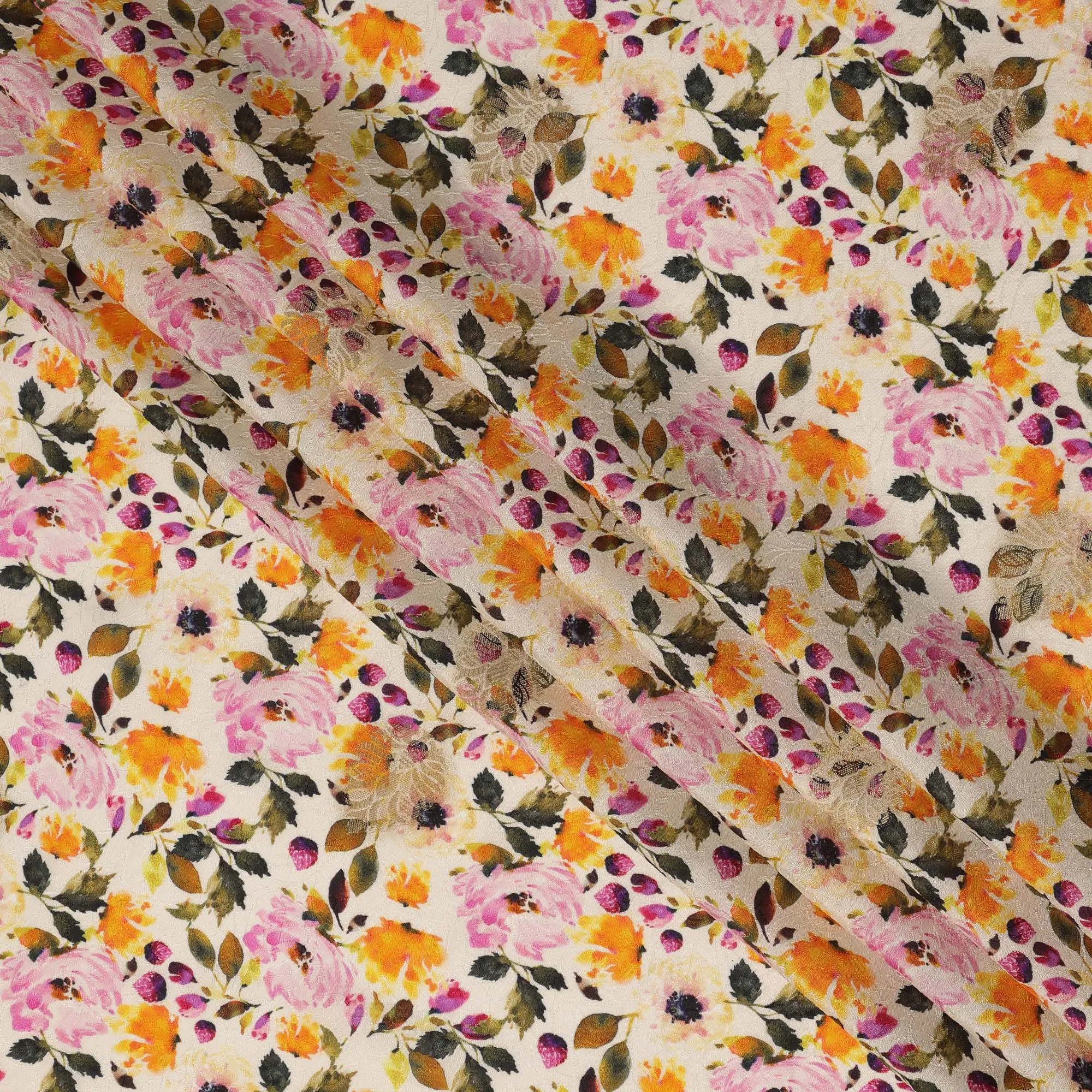 Ivory Floral Viscose Crepe Digital Print Fabric, 110 cm Wide, Made in India-D20986