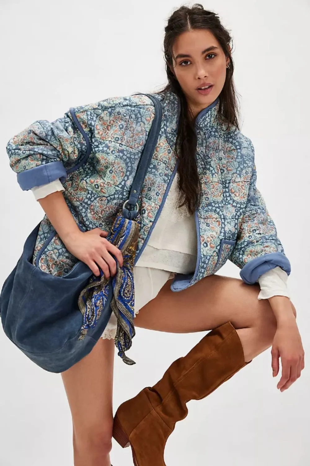 'Jade' Blue Cashew Print Cotton Jacket