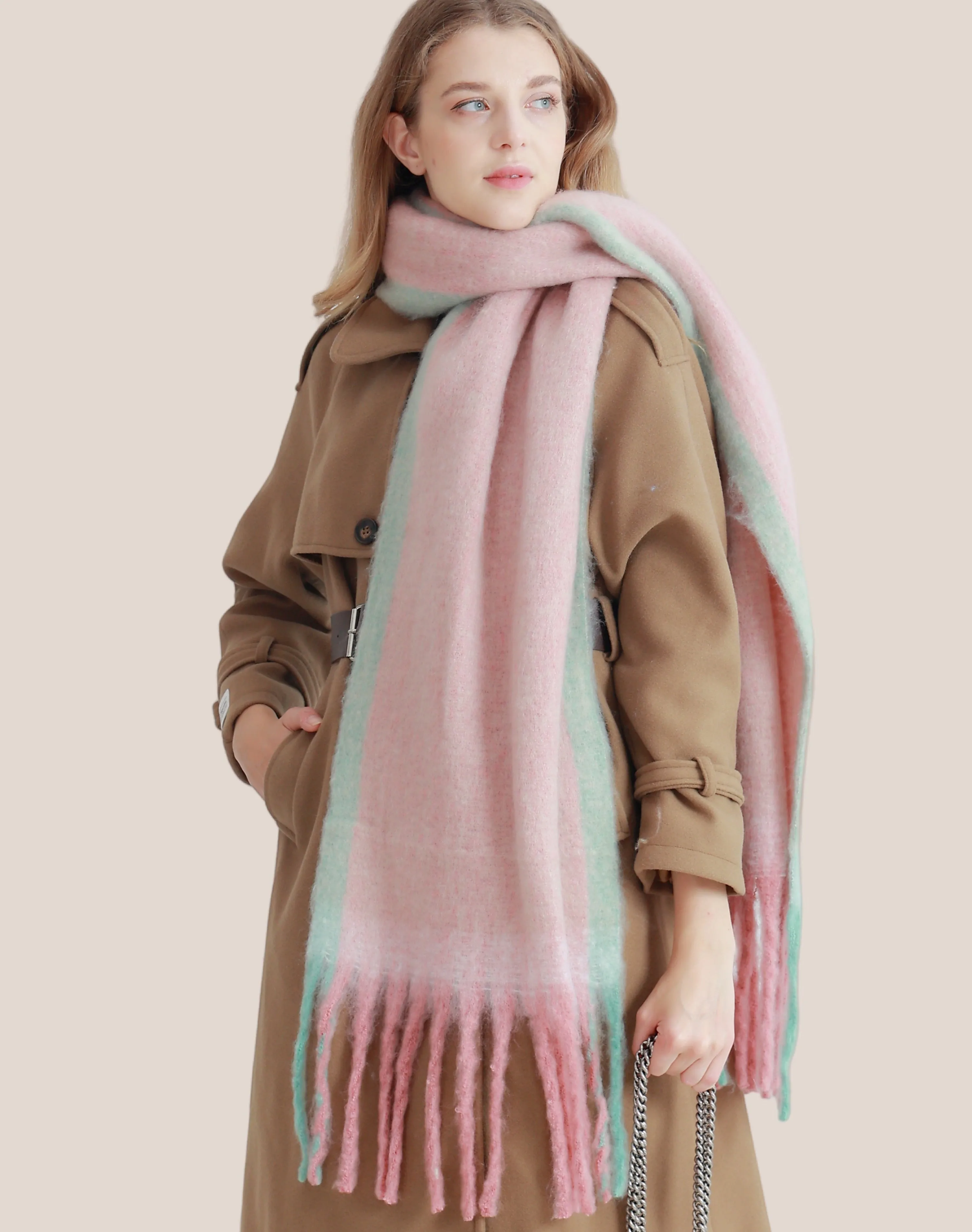 JC021030 Long Fringe Cozy Fuzzy Two-Tone Ombre Scarf