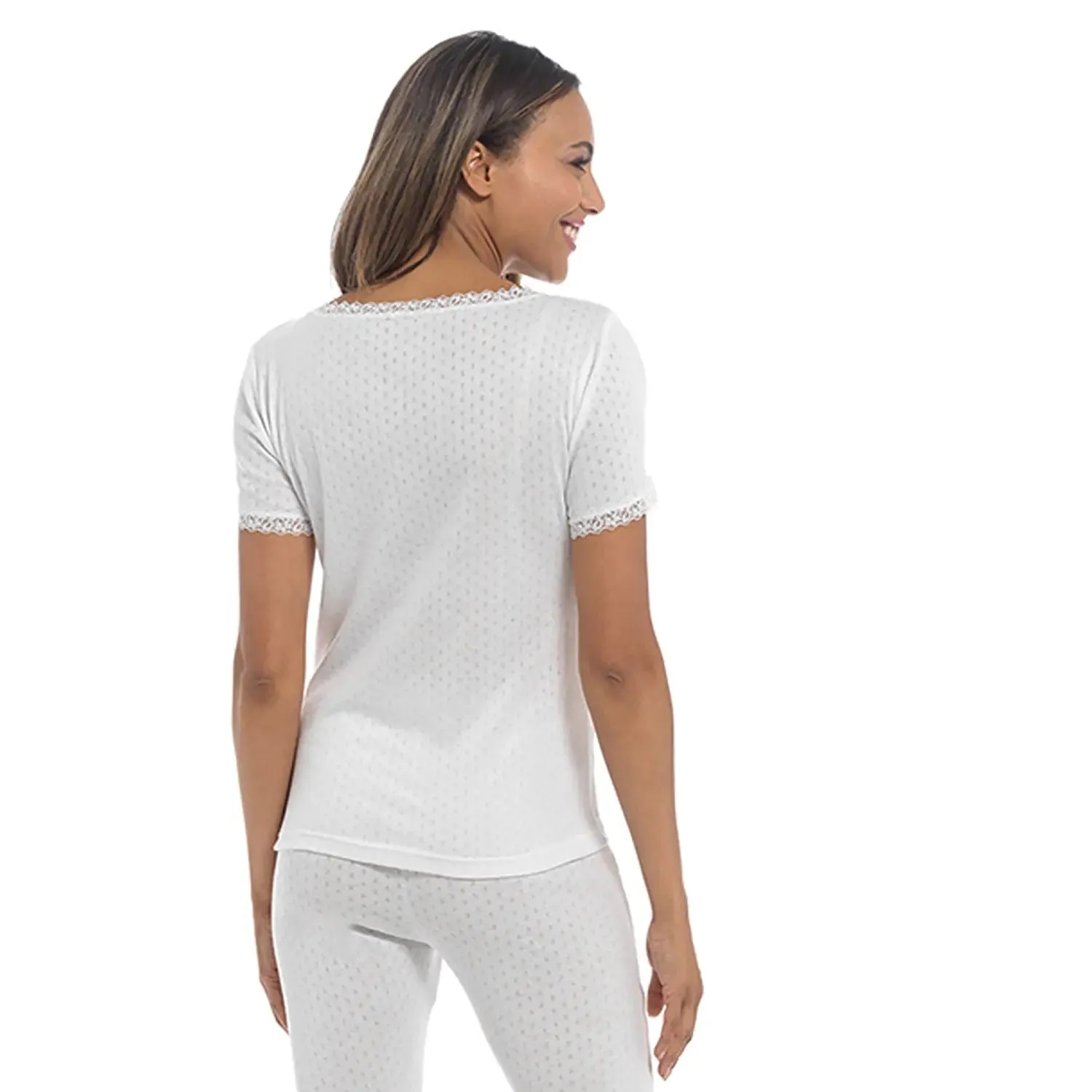 Ladies Thermal Short Sleeve Top White Pointelle Fabric Extra Warm