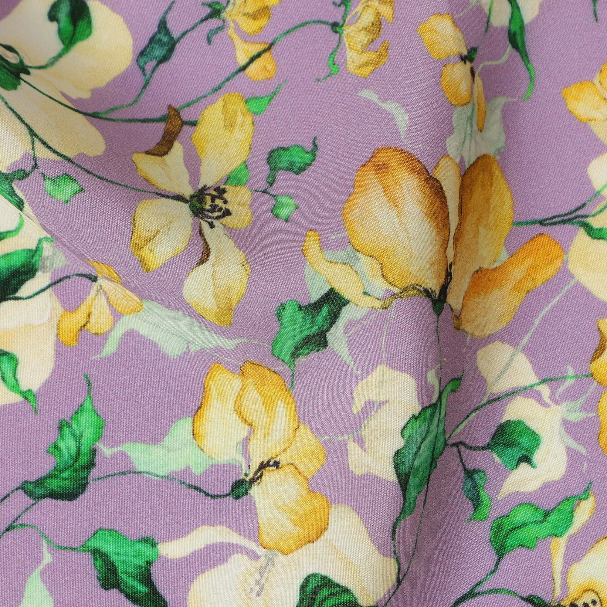 Lavender Viscose Fabric with Yellow Floral Digital Print, 110 cm Width-D20622