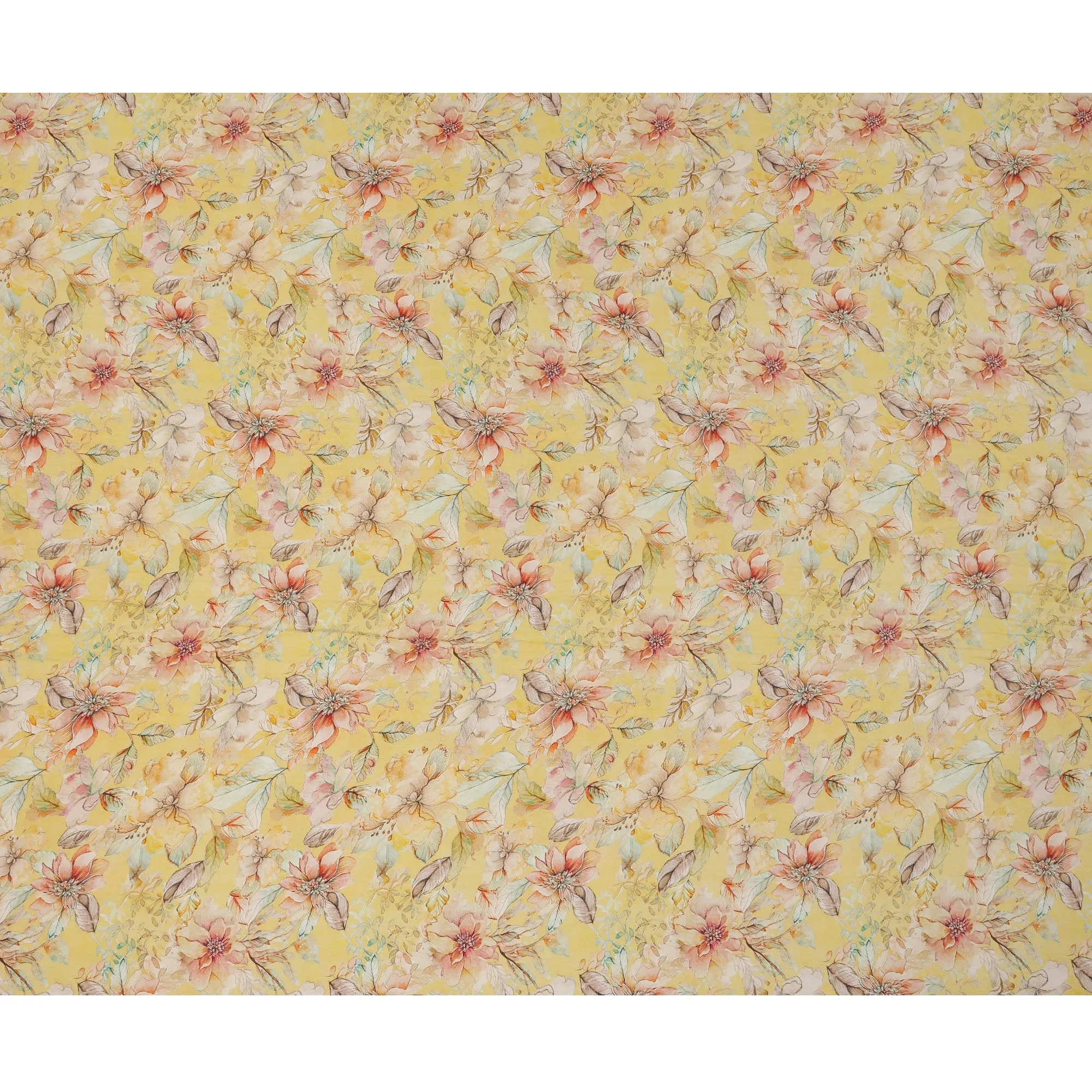 Lemon Yellow Viscose Digital Printed Fabric with Floral Design, 110 cm Width-D21314