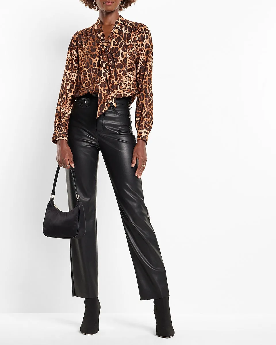 Leopard Print Long Sleeve Tie Neck Portofino Shirt in Print