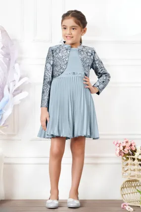 Light Blue Jacquard Print Overcoat Styled Short Frock For Girls