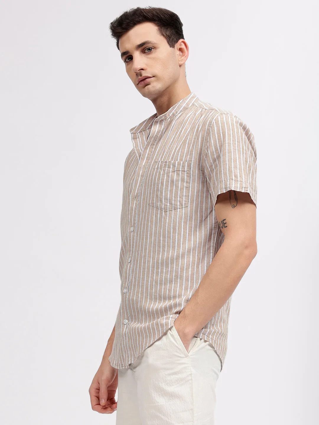 Lindbergh Men Beige Striped Band Collar Short Sleeves Shirt