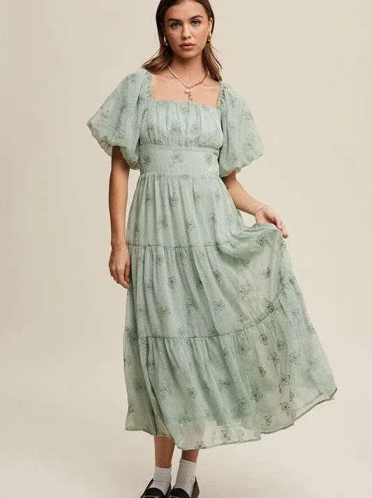 Listen to your Heart Flower Embroidered Puff Sleeve Tiered Maxi Dress