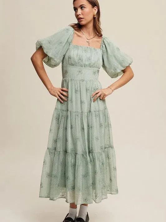 Listen to your Heart Flower Embroidered Puff Sleeve Tiered Maxi Dress