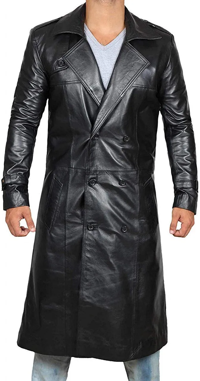 Mens Double Breasted Long Black Leather Coat