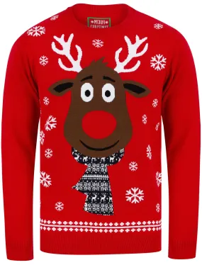 Men's Rudolph Scarf Motif Novelty Christmas Jumper in George Red - Merry Christmas