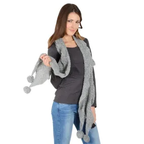 Mia Womens Loose Knit Scarf With Pom Poms Grey Mink Indigo