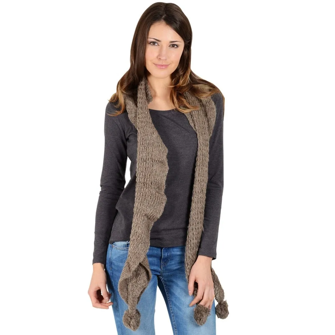 Mia Womens Loose Knit Scarf With Pom Poms Grey Mink Indigo