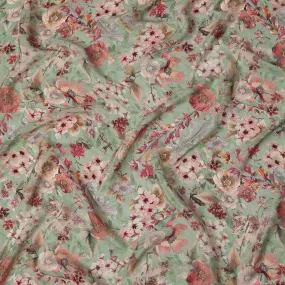 Mint Green Viscose Digital Printed Fabric with Vibrant Floral Design, 110 cm Width-D21327