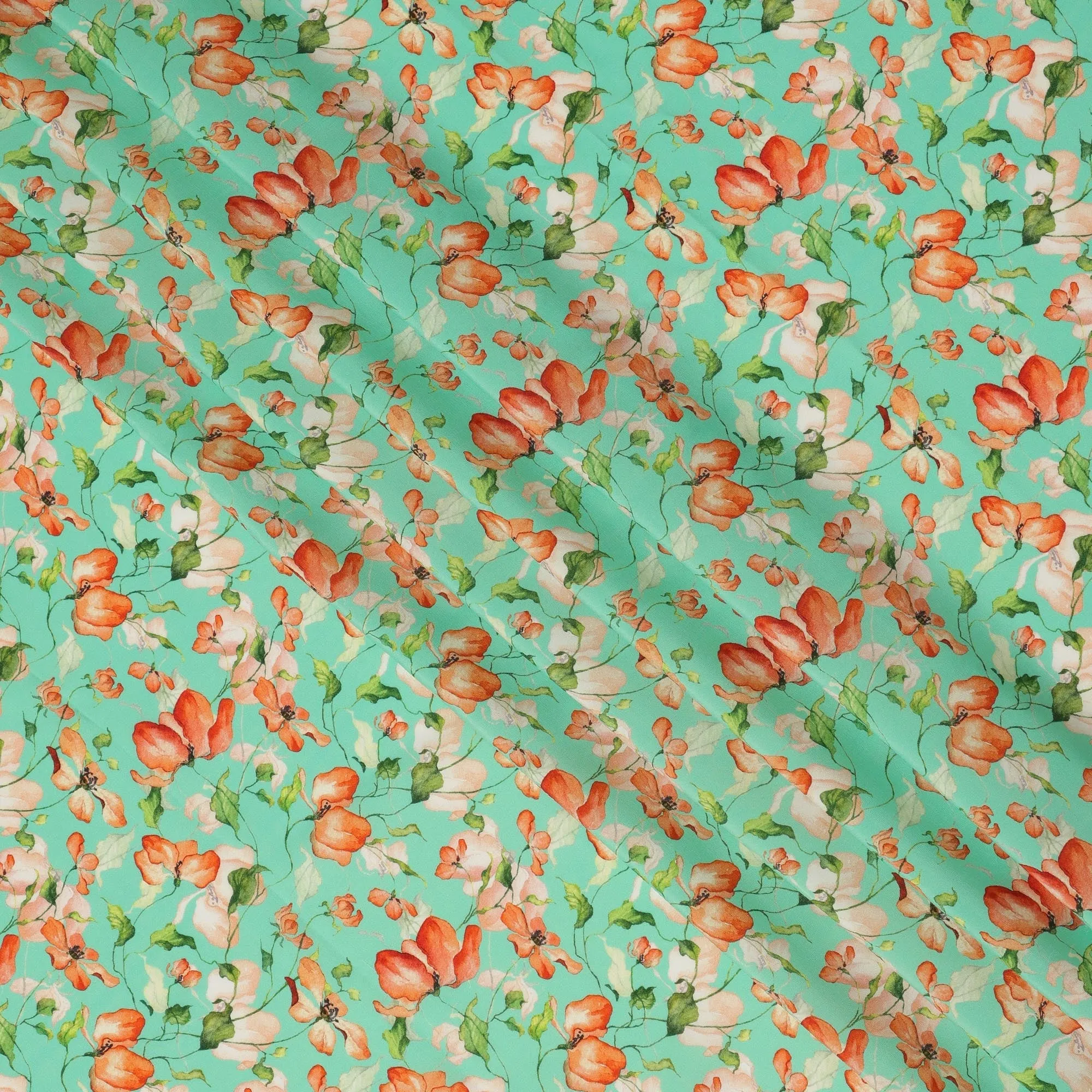 Mint Green Viscose Fabric with Orange Floral Digital Print, 110 cm Width-D20623