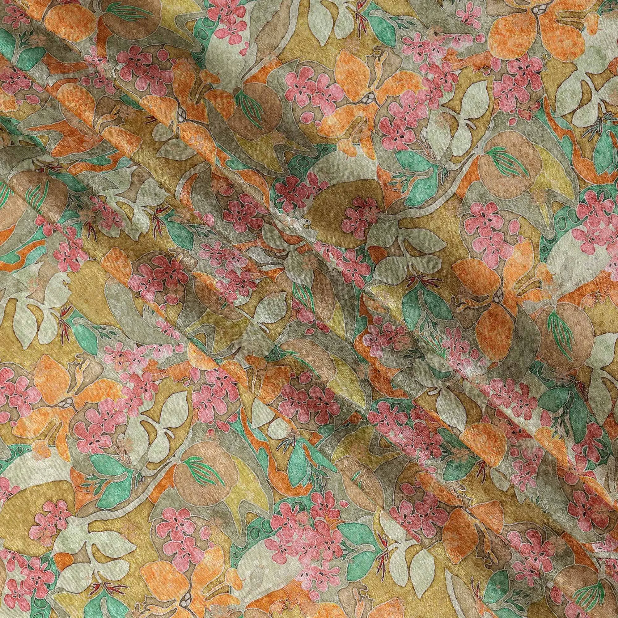 Mustard Yellow Tropical Floral Viscose Crepe Digital Print Fabric, 110 cm Wide, Made in India-D20978